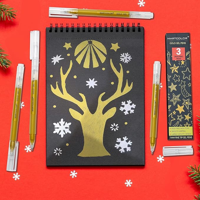 Gold Gel Pens, 1mm Fine Point Gel Ink Pen Opaque Archival Ink Pens for Black Paper Drawing, Sketching, Illustration, Card Making, Bullet Journaling, 3 Pack