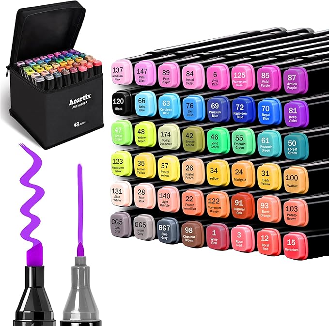 Alcohol Markers, 48 Colors Art Drawing Permanent Marker Set for Kids Adult Coloring Painting Supplies, Dual Tips Fine & Chisel Coloring Marker for Artist Illustration Sketch Books