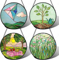 Stained Glass Window Hanging 4 Pcs Set Pink Green Spring Saplings Flowers 6.3" - Suncatcher Door Garden Sun Catcher Home Decor Mother's Day for Woman Nana Mom Men