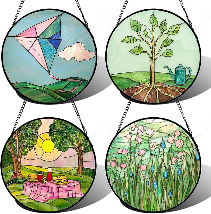 Stained Glass Window Hanging 4 Pcs Set Pink Green Spring Saplings Flowers Large 11.8" - Suncatcher Door Garden Sun Catcher Home Decor Mother's Day for Woman Nana Mom Men