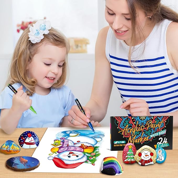 JR.WHITE Acrylic Paint Pens Paint Markers Set of 24: Extra Fine Point Acrylic Markers For Rock Painting Wood Glass Fabric Ceramic For Adults Kids Art Craft