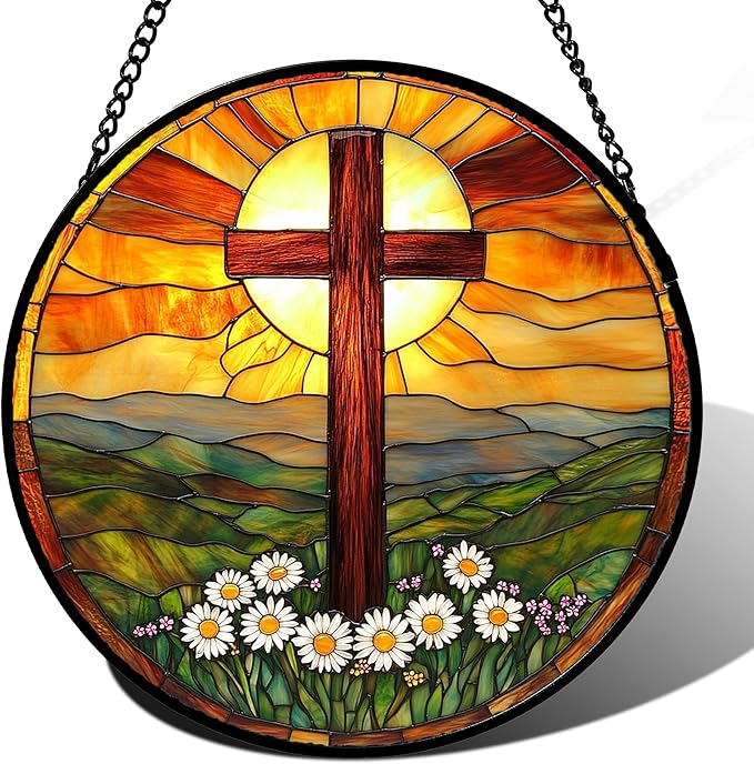Christian Gifts for Women - Cross Stained Glass Window Hanging Easter Daisy Natural Landscape Sun Catcher Garden Religion Decor Mother's Day Catholic Gift for Men Grandma Mom Her Nana 15"