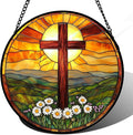 Christian Gifts for Women - Cross Stained Glass Window Hanging Easter Daisy Natural Landscape Sun Catcher Garden Religion Decor Mother's Day Catholic Gift for Men Grandma Mom Her Nana 11.8"