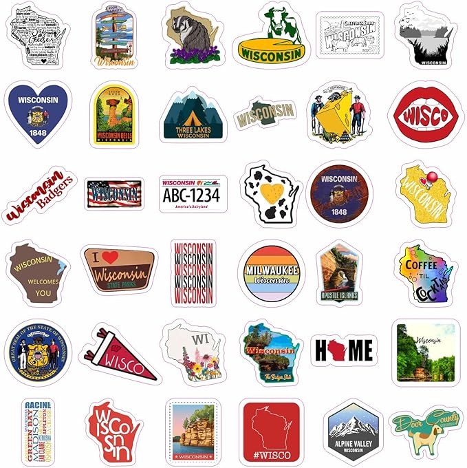 BulbaCraft Wisconsin Stickers for Water Bottle and Laptop - Wisconsin Party Supplies & Decorations, Waterproof Vinyl Decals, State Pride and Icon Stickers, Gifts for Women & Men