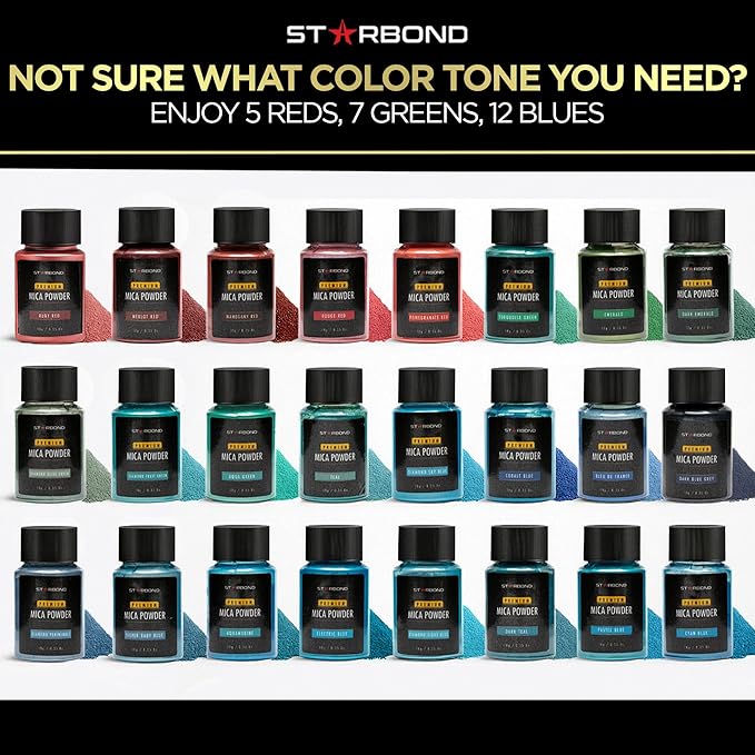 Starbond 24-Color Mica Powder Set — Natural, Irritant-Free Pigments (10g Bottles) — Featuring Vibrant 5 Reds, 7 Greens & 11 Blue Tones — for Resin Art, Wood Inlays, DIY, Soap & Candle Making