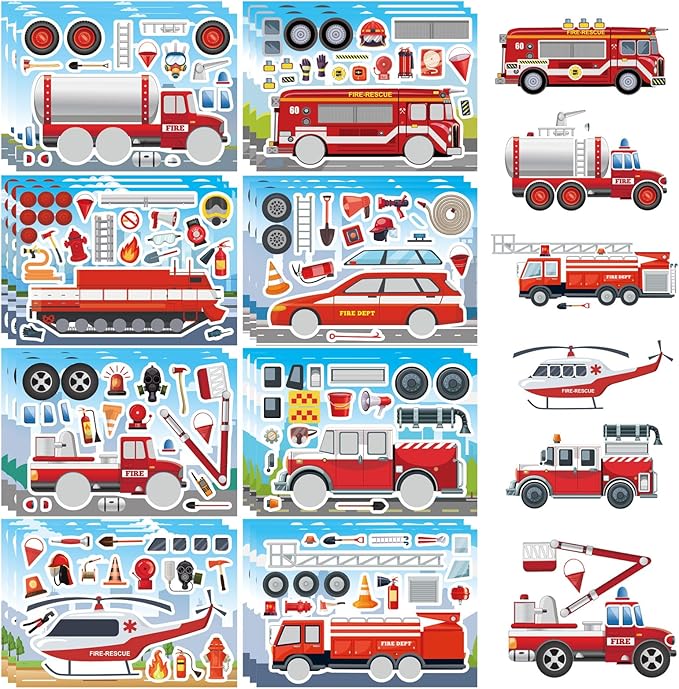 24 Sheets Truck Stickers for Kids, Make a face Sticker, Make Your Own Fire Truck Stickers with 8 Designs Fire Themed Truck for Kindergarten Birthday Gift Classroom Fire Party Favors