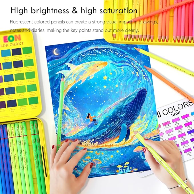 50 Neon Colored Pencils for Adult Coloring Books, Fluorescent colored Professional Drawing pencils Set Art Supplies Kit for Adults Beginners Artists, Soft Core