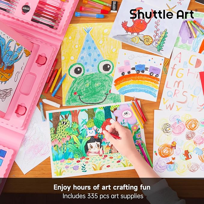 Shuttle Art 335 Piece Kids Art Set, Multi-Media Art Supplies, Gift Art Kit with Trifold Easel, 2 Drawing Pads, 2 Coloring Books, Oil Pastels, Crayons, Watercolors, Markers, Colored Pencils (Pink)