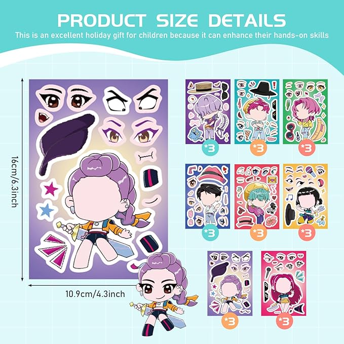 24Sheets DIY Make a Face De-mon Movie Hu-nters Stickers for Kids, 6.3”x4.3” Make Your Own Mixed & Matched with 8 Designed Characters Sticker for Birthday Party Supplies Favors Class Reward