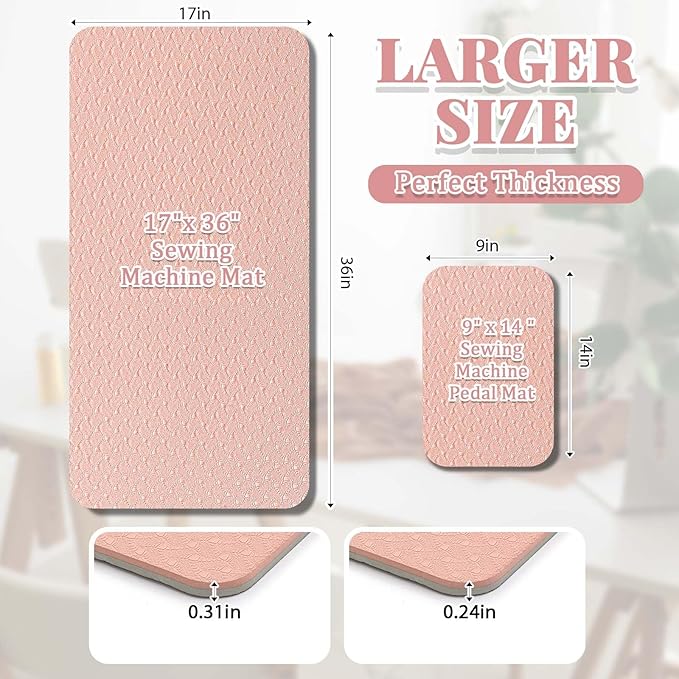 2 Pcs Sewing Machine Muffling Mat Pedal Sewing Mat Reduce Vibrations Noise No Slip Machine Accessories for Quilting(17'' X 36'' and 9'' X 14'',Pink)