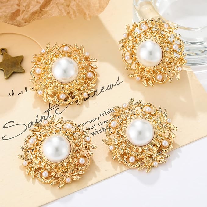 4 Pcs Sliver Rhinestone Buttons Crystal Embellishments for Clothing Jewelry Making DIY Decoration Bottons for Sewing Crafts Wedding Bridal (Pearl-Gold)