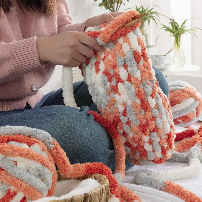 Hombys 8 Pack Giant Chunky Yarn for Crocheting & Knitting - Super Bulky Large Soft Fluffy Tie Dye Plush Fuzzy Mixed Color Thick Chenille Yarn (Orange, Light Grey, White)