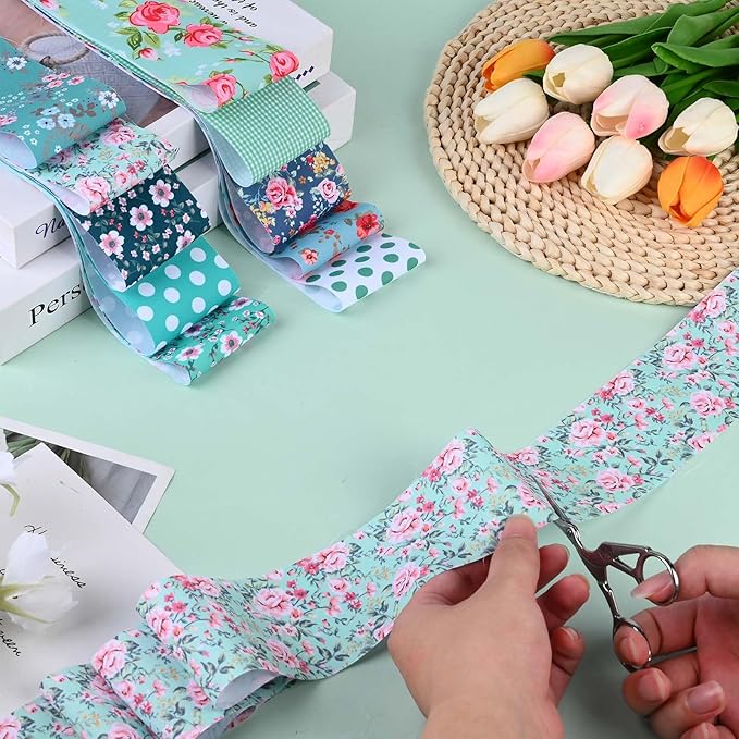 50 Pcs Green Blue Floral Jelly Fabric Strips Roll for Quilting Crafting Spring Summer Flower Precut Patchwork for Sewing DIY Crafts 2.55 Inch Polyester-Cotton Fabric Bundles