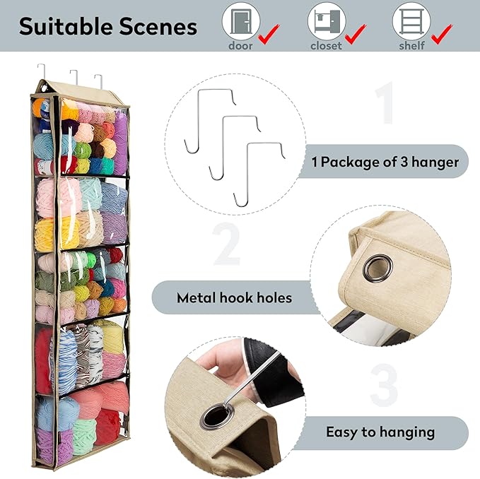 PACMAXI Hanging Yarn Storage Knitting Organizer Storage with 5 Compartments, Clear Wall Display Bulk Yarn Organizer for Knitting Needles, Crochet Hooks(Large Size) (linen)