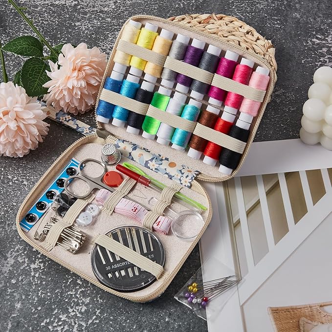 Daisy Sewing Kit Printing Sewing Kit,Professional Sewing Supplies for Adults, Zipper Sewing Needles Set, 87 PCS Travel Sewing Accessory for Emergency, Home
