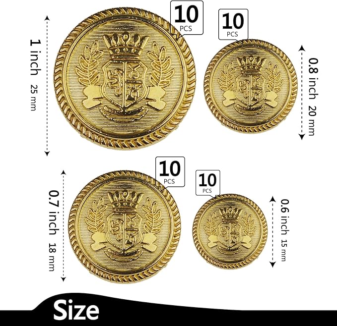 40PCS Gold Blazer Buttons for Men Replacement Buttons Suits Antique Gold Buttons for Blazer 25mm 20mm 18mm and 15mm Gold Button for Sport Coat, Uniform, Jackets Vintage Blazer Buttons Men
