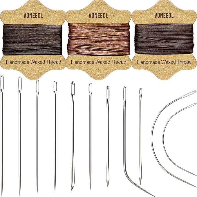 Upholstery Repair Kit: Waxed Sewing Thread (3 Rolls - Brown Color Range) & Heavy Duty Needles (11 PCS) for Leather, Canvas & Quilting Thread