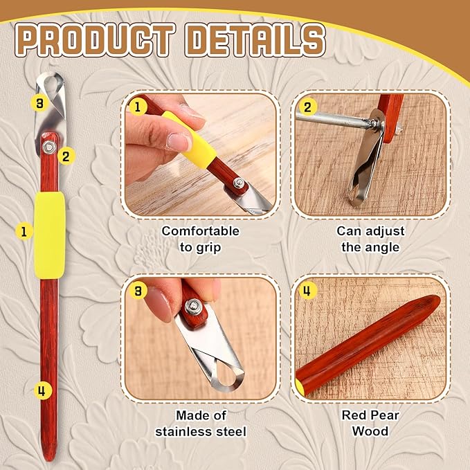 Lanties Pottery Carving Tools Set Include 5 Stainless Steel Blades & Red Pear Wood Handle, Sculpture Scraper Craft Modelling Tools for Clay, Ceramic Sculpting, Graffito, Relief Art(U-tip)
