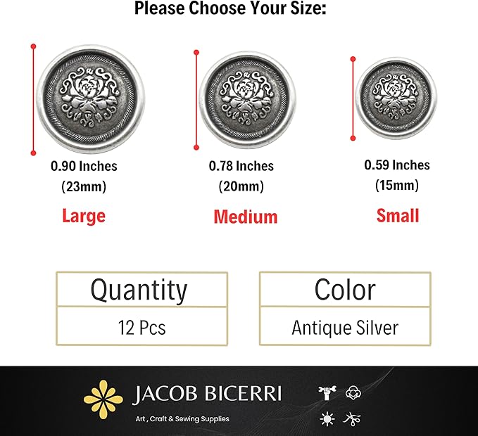 Antique Silver Metal Shank Buttons - 12 Pcs - 3 Size Options - Floral Round Metal Shank Buttons Vintage for Men Women Blazer Coat Uniform Shirt Suit and Jacket Sewing Craft DIY N12503