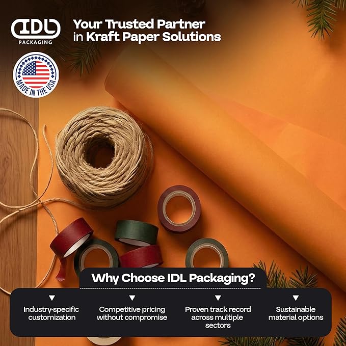 24" x 1200" (100 ft) Orange Kraft Paper Roll, Pack of 4 - USA-Made Quality Craft Paper for Gift Wrapping, Kids' Arts & Crafts, School Projects - 100% Recycled, 50 lb Natural Material by IDL Packaging