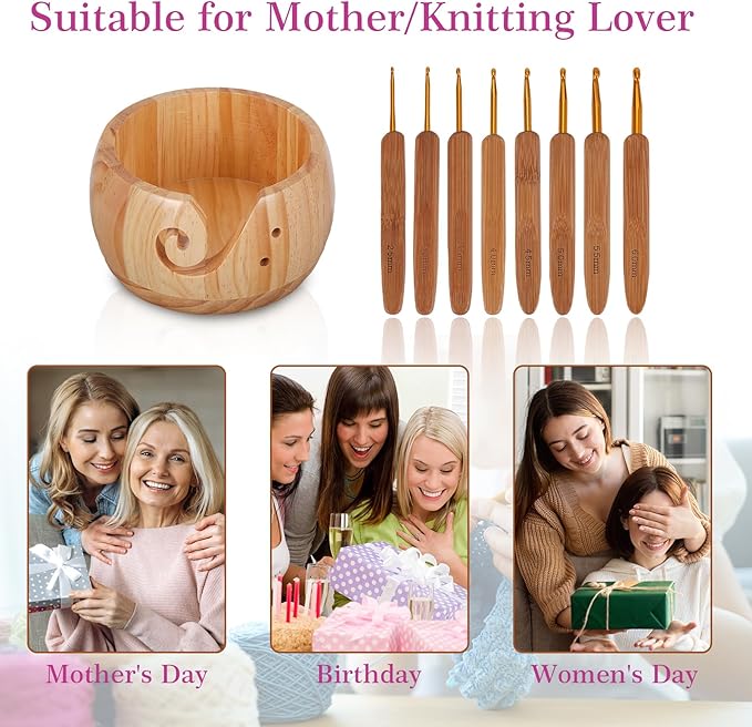 Wooden Yarn Bowl with 8Pcs Metal Crochet Hooks, Knitting Yarn Bowl with Holes Storage Handmade to Prevent Slipping, Perfect Yarn Holder Bowl for Crocheting and Knitting Mother's Day Gift 5" x 3"
