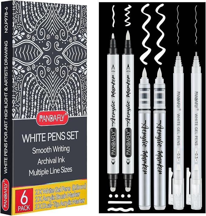 PANDAFLY White Ink Pens Set, 0.5mm Fine Point White Gel Pens Dual-Tip Acrylic Paint Pen Brush Tip Acrylic Markers for Black Paper Drawing, Sketching, Illustration, Card Making, Set of 6