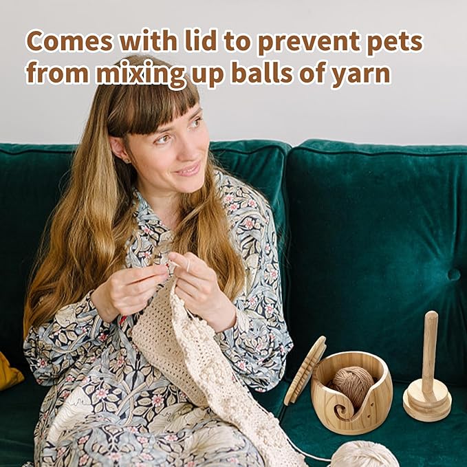 Large Wooden Yarn Bowl with Removable Holder & Lid | 2-in-1 Handmade Crochet and Knitting Yarn Organizer for Tangle-Free Crafting | Yarn Storage Box with Smooth Feed Holes