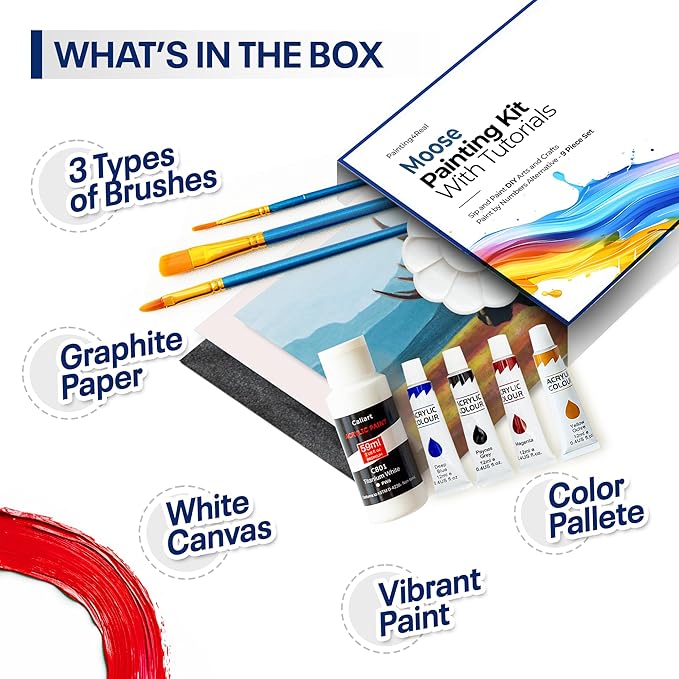 DIY Art Painting Kit for Adults – Learn to Paint Moose with Video Tutorials – 9 Pieces Acrylic Paint Set for Adults –Perfect Christmas Crafts & Holiday Gifts for Art Lovers
