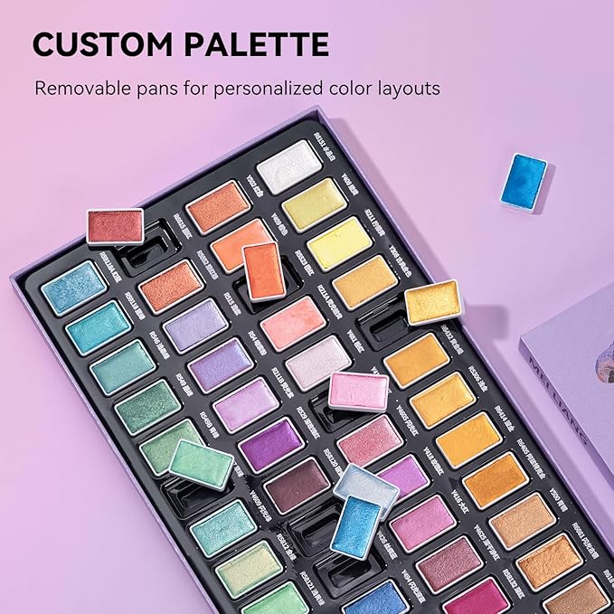 Watercolor Paint Set with 48 Metallic Colors, Full-Pan Pearlescent & Glitter Paints, Highly Pigmented, Vibrant Shimmer, Removable Pans, Perfect for Beginners, Artists & All Skill Levels