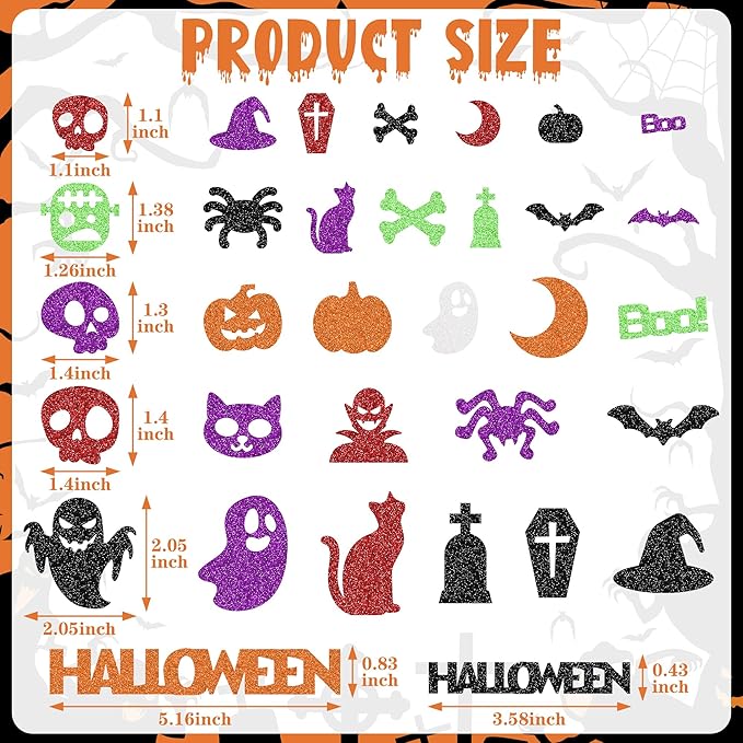 300Pcs Halloween Stickers, Self-Adhesive Glitter Halloween Foam Stickers, Assorted Shape Pumpkin Spider Bat Sticker, Halloween Party Favors Bulk for DIY Crafts Home Decorations
