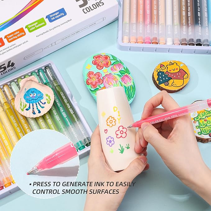 Acrylic Gel Pens for Coloring, 54 Colors Set 3D Acrylic Paint Pens with 1mm Bullet Tip for Adult Coloring, Gel Pens for Black Paper, Rock, Glass, Fabric, DIY and Art Crafts Supplies