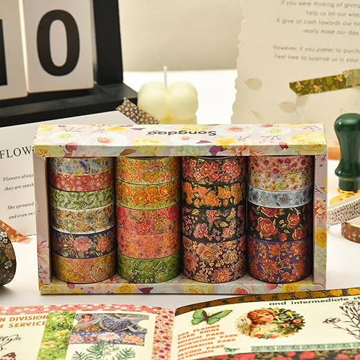 20 Rolls Flowers Washi Tape Set Floral Arts Adhesive Tapes Gold Foil Decorative Masking Tape Sets for Craft, Kids, Scrapbook, DIY, Gift Wrapping