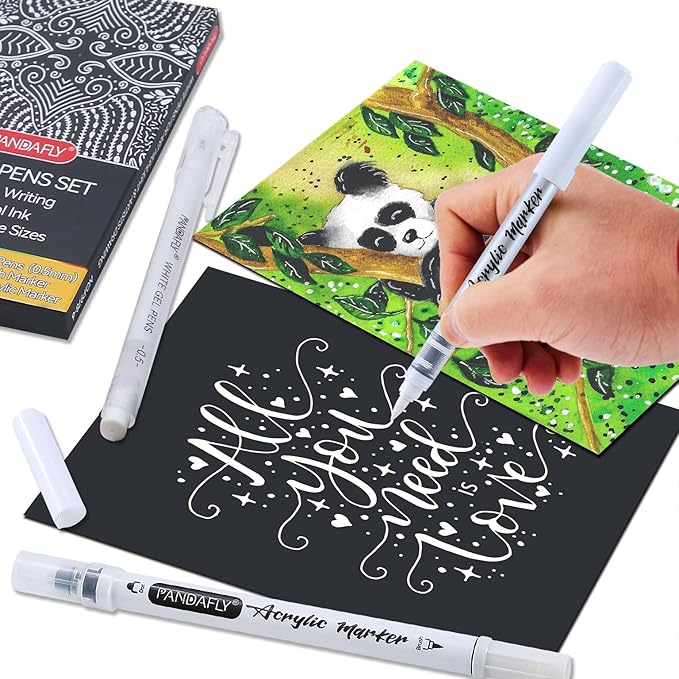 PANDAFLY White Ink Pens Set, 0.5mm Fine Point White Gel Pens Dual-Tip Acrylic Paint Pen Brush Tip Acrylic Markers for Black Paper Drawing, Sketching, Illustration, Card Making, Set of 6