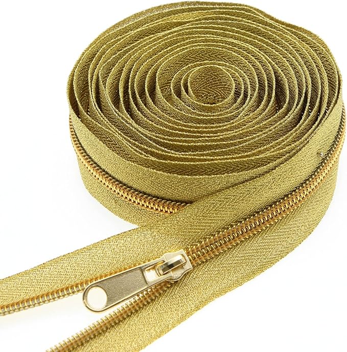 5# Gold Metallic Nylon Coil Zippers by The Yard, Bulk Gold Zipper Tape 10 Yards with 20Pcs Pulls for DIY Sewing Craft Bags YIGUANXIN