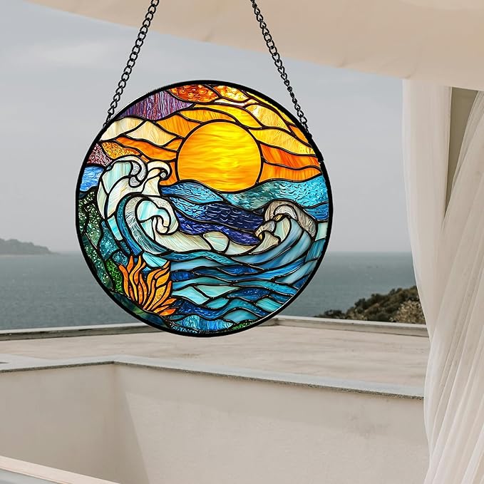 Stained Glass Window Hanging, Orange Sun Blue Sea Waves Landscape Suncatcher for Doors Window Home Sun Catchers Decor Mother's Day Birthday Gifts for Women, Men Mom 7.8 in
