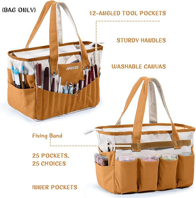 APOFFICE Pottery Tools Bag with Pockets for Clay Sculpting Tools, Ceramic Tools– Art Supply Organizer for Polymer Clay Tools, Craft Tote, Yarn & Crochet Storage, Washable Canvas Artist Bag Gift