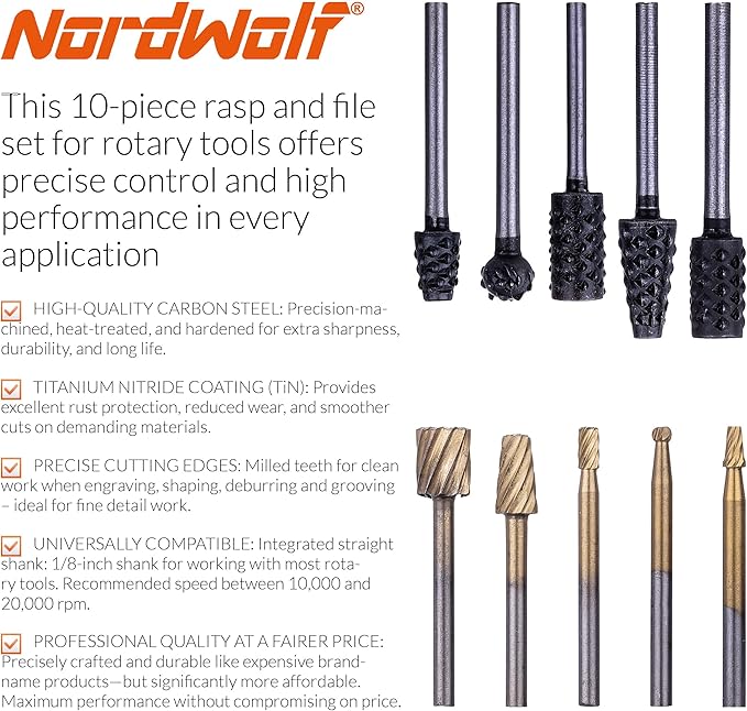 NordWolf 10-Piece Wood Carving Rasp Files Set for Rotary Tools, with 1/8" Straight Shank for Woodworking, Deburring, Shaping & Grooving in Storage Case
