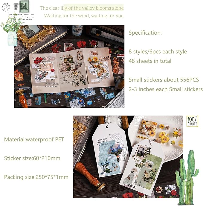 556 Pcs/48 Sheets Stickers for Scrapbooking,Scrapbook Flower Stickers for Scrapbooking Art Journal Bullet Journal Accessories