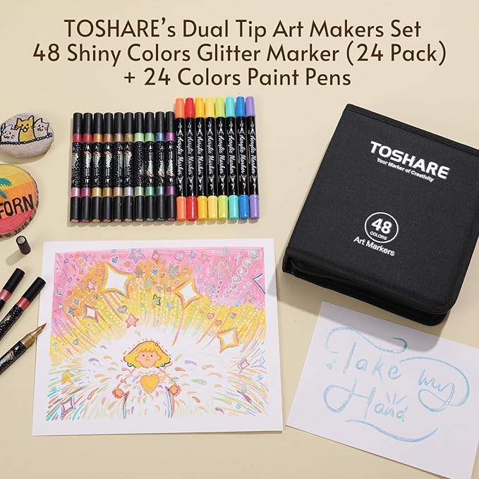 TOSAHRE 72 Colors 48 Pack Dual Tip Glitter Markers & Acrylic Marker Set Shimmer Glitter Marker 24 Pack(48 Colors)+Paint Pens 24 Pack Adult Coloring Marker for Chriatmas Gifts Art Crafts Party Supplies
