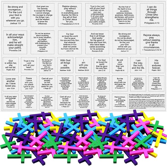 Pocket Prayer Quilt Panel Squares with Small Wooden Crosses Mini Scripture Pocket Prayer Quilt for Friend Family Religious Spiritual Gift Easter Reward Gift(Scripture,Colorful)