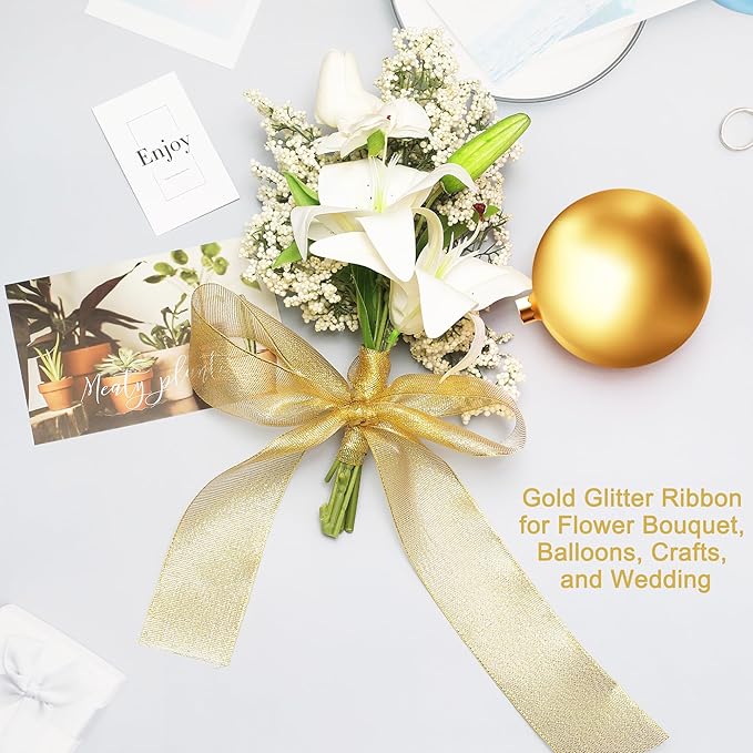 50 Yards Gold Glitter Ribbon 2 Inch, Sparkly Width Solid Fabric Ribbon for Gift Wrapping, Crafts, Holiday Wedding Birthday Party Decoration Flower Bouquet, 2 Inch Metallic Gold Ribbon Roll