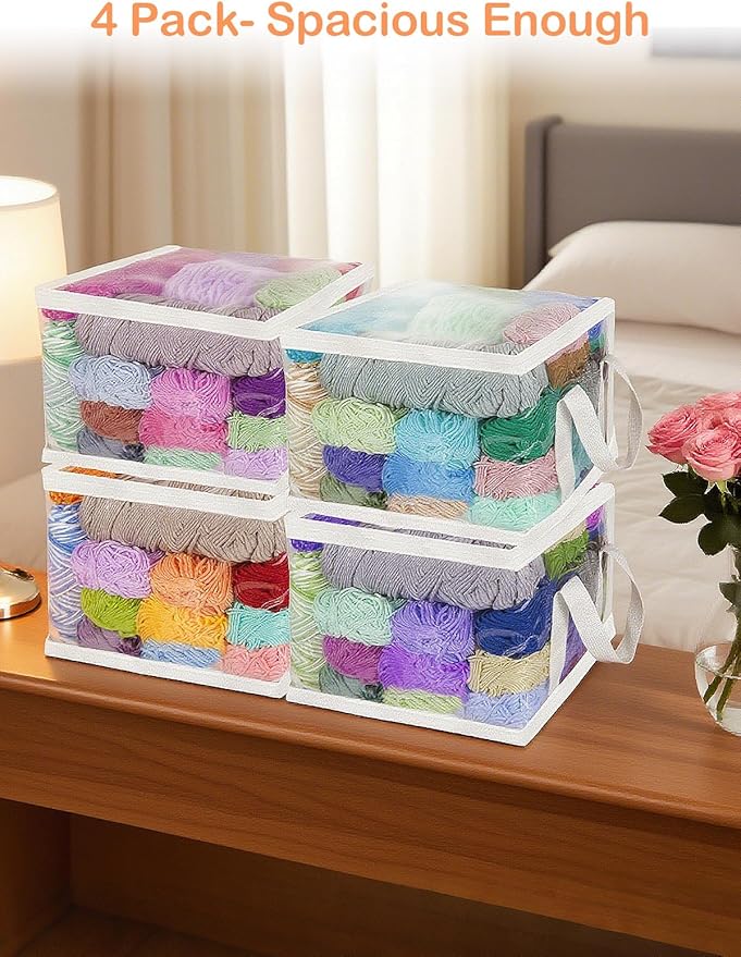 Yarn Storage Bags - Clear Yarn Storage Organizer, Metal Zipper Closure, PVC & Nylon Storage Bag for Knitting, Crochet, Toys, 4 Packs