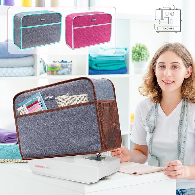 AMOIGEE Sewing Machine Cover for Brother, Singer, Janome – Quilted Dust Cover with Storage Pockets, Padded Protective Sewing Machine Case Fits Most Standard Sewing Machines (17" x 7" x 12")