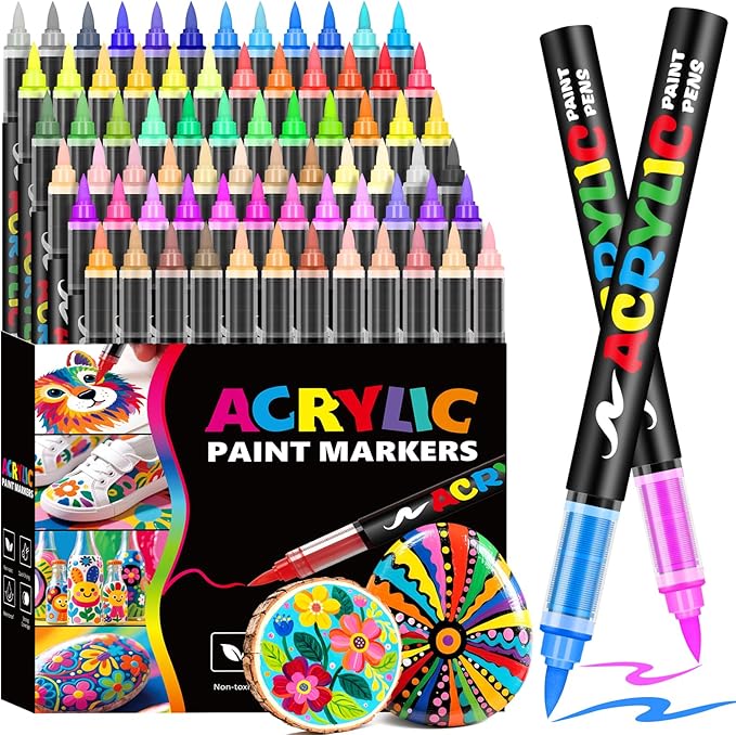 72 Colors Acrylic Paint Markers, Brush Tip Acrylic Paint Pens for Painting Rocks, Wood, Canvas, Glass, Fabric, Egg, Stone and DIY Crafts for Adults, Kids Art Supplies