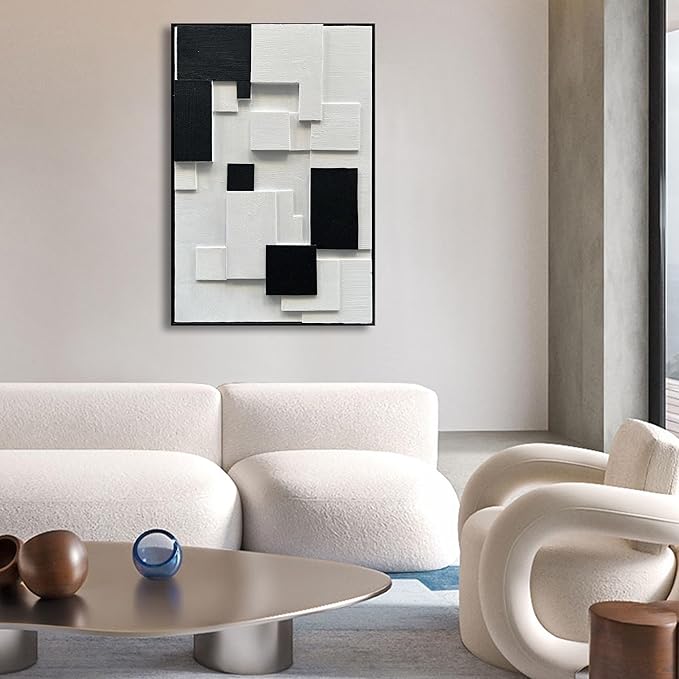 NANKAI Art Hand Painted White and Black Thick Texture Abstract Art Oil Painting 36x24 inch Contemporary Minimalist Art Home Wall Decoration Painting (with Solid Wood Exterior Frame)