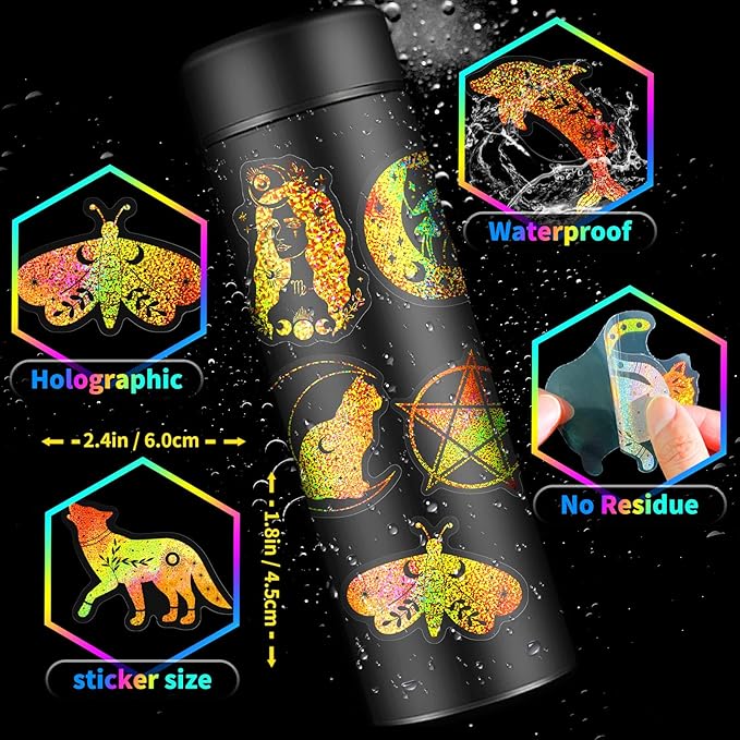 Yoksas 100Pcs Golden Holographic Glitter Magical Astrology Witch Stickers - Transparent Shiny Witchy Stickers for Scrapbooking,Water Bottles,Laptops,Journals