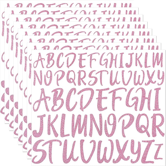 TaoBary 416 Pcs Christmas Letter Stickers 8 Sheets Alphabet Stickers 2 Size Vinyl Cursive Self-Adhesive Letter Personalized Decor for Scrapbooking Water Bottle Christmas Craft(1", 1.5'',Glitter Pink)