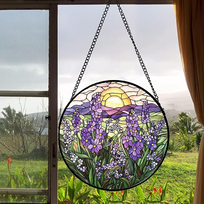 Stained Glass Window Hanging - Purple Lavender Suncatcher for Door Terrace Garden Home Decor Plant Flowers Landscape Sun Catcher Birthday Gifts for Lovers Women Men Dad Mom Nana 9.8 in