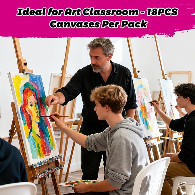 18 Pack Canvases for Painting with 8x10, 11x14, 14x18, 6 of Each, 5/8" Profile 12 oz Primed Stretched Canvas - 100% Cotton Painting Canvas Framed, Blank Canvas for Oil & Acrylic Paints