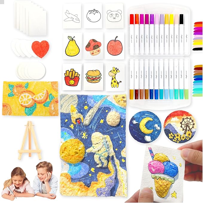 Magic 3D Foam Texture Painting Kit - 51 Pcs Puffy Paint Drawing Sponge Paper Kids Art Kit - DIY Popcorn Textured Magical Canvas Puff Paint Kid Craft Set - 24 Water Color Acrylic Marker Pens Kid Gifts